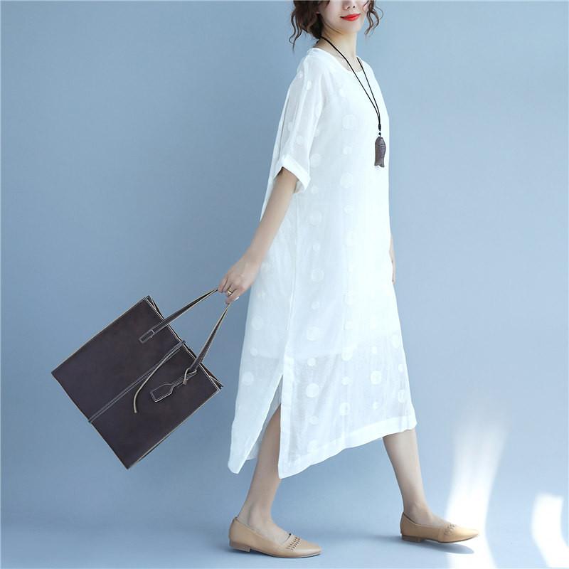 Linen Round Neck Dot Short Sleeves White Dress