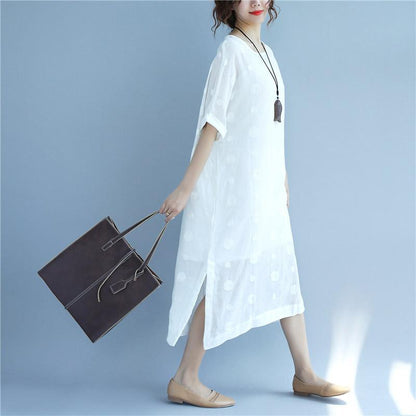 Linen Round Neck Dot Short Sleeves White Dress