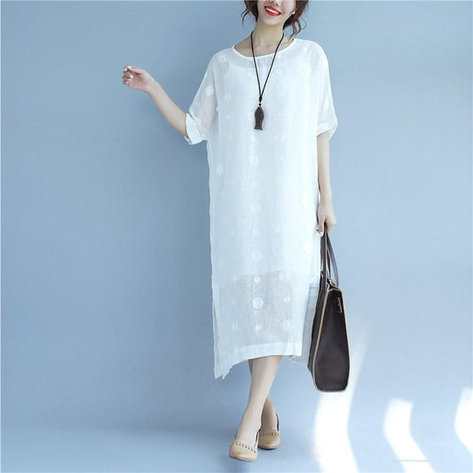 Linen Round Neck Dot Short Sleeves White Dress