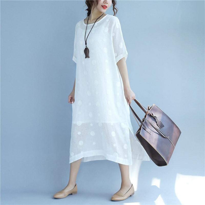 Linen Round Neck Dot Short Sleeves White Dress