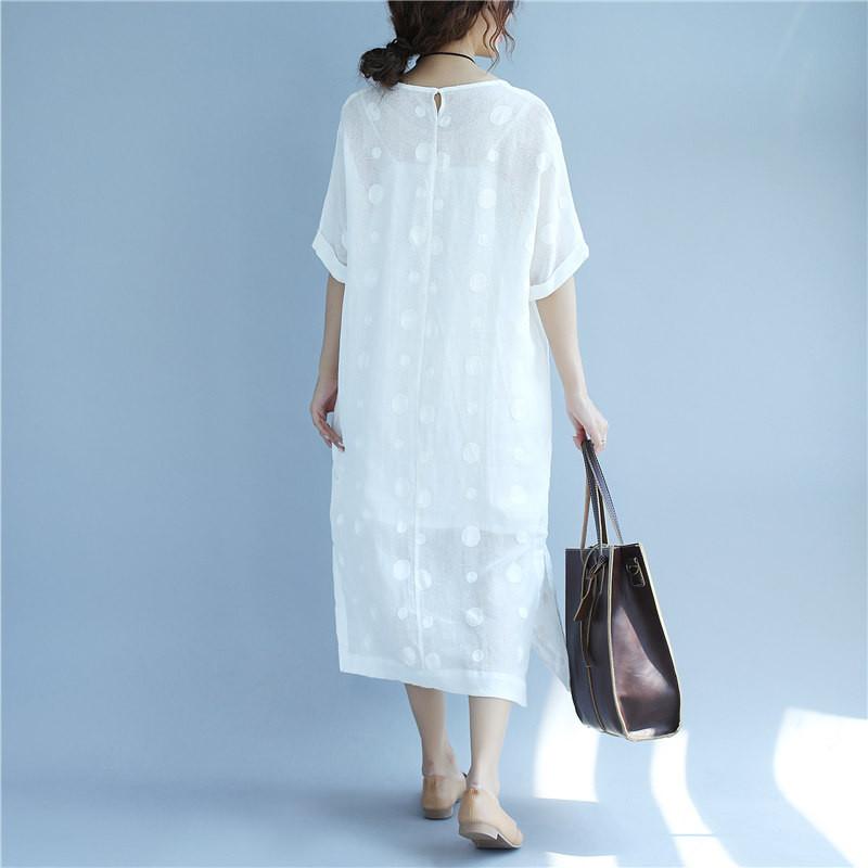 Linen Round Neck Dot Short Sleeves White Dress