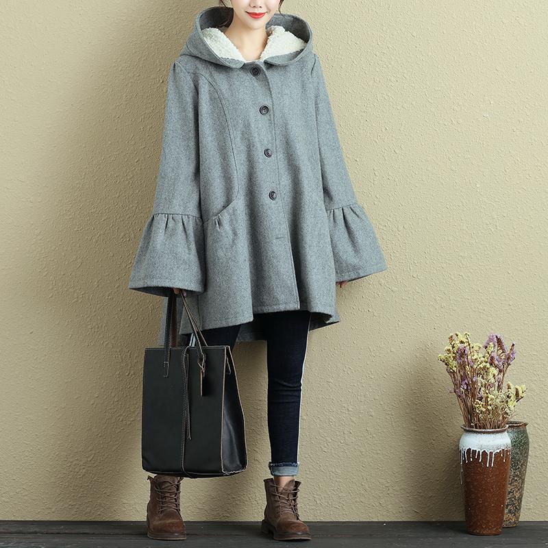Women Hoodies Single Breasted Trumpet Sleeves Gray Coat