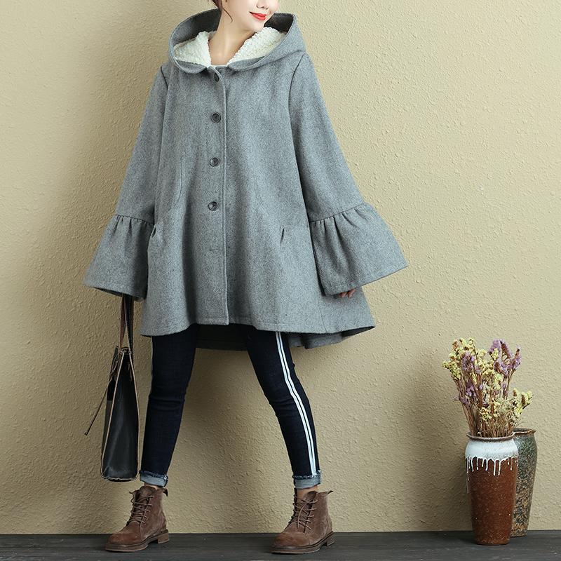 Women Hoodies Single Breasted Trumpet Sleeves Gray Coat