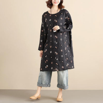 Cotton Floral Women Casual Loose  Round Collar Long Sleeves Black Dress