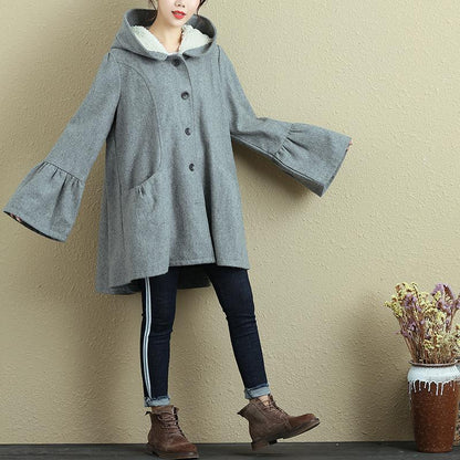 Women Hoodies Single Breasted Trumpet Sleeves Gray Coat
