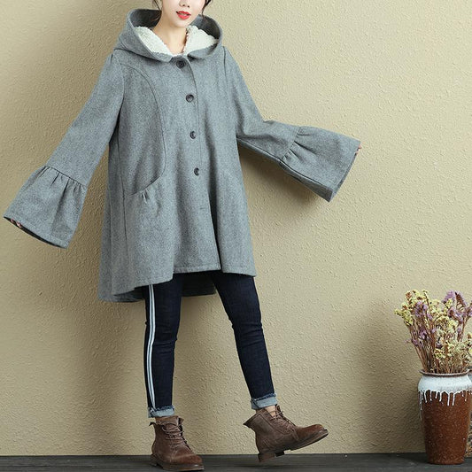 Women Hoodies Single Breasted Trumpet Sleeves Gray Coat