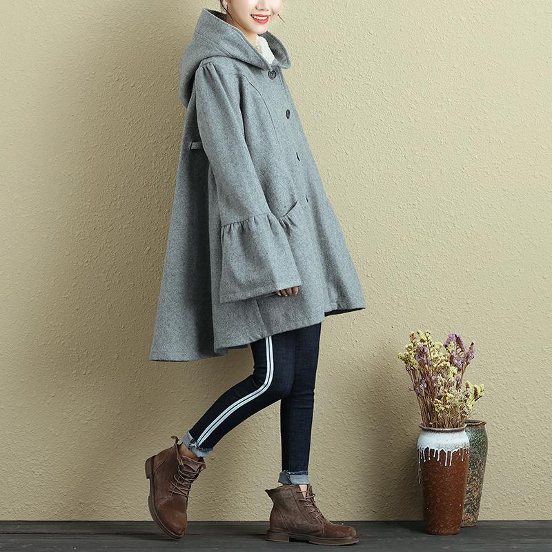 Women Hoodies Single Breasted Trumpet Sleeves Gray Coat