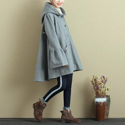 Women Hoodies Single Breasted Trumpet Sleeves Gray Coat
