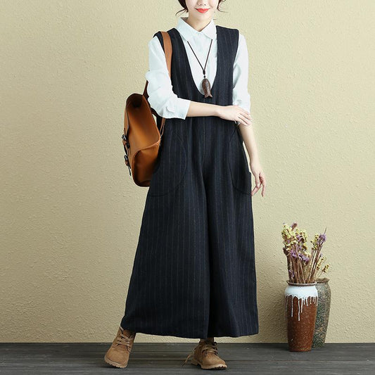 Fashionable Women Vertical Stripe With Pocket Blue Rompers Jumpsuit