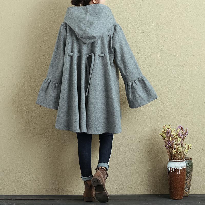Women Hoodies Single Breasted Trumpet Sleeves Gray Coat