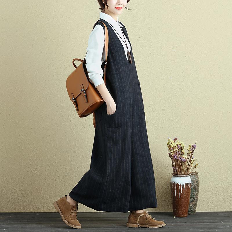Fashionable Women Vertical Stripe With Pocket Blue Rompers Jumpsuit