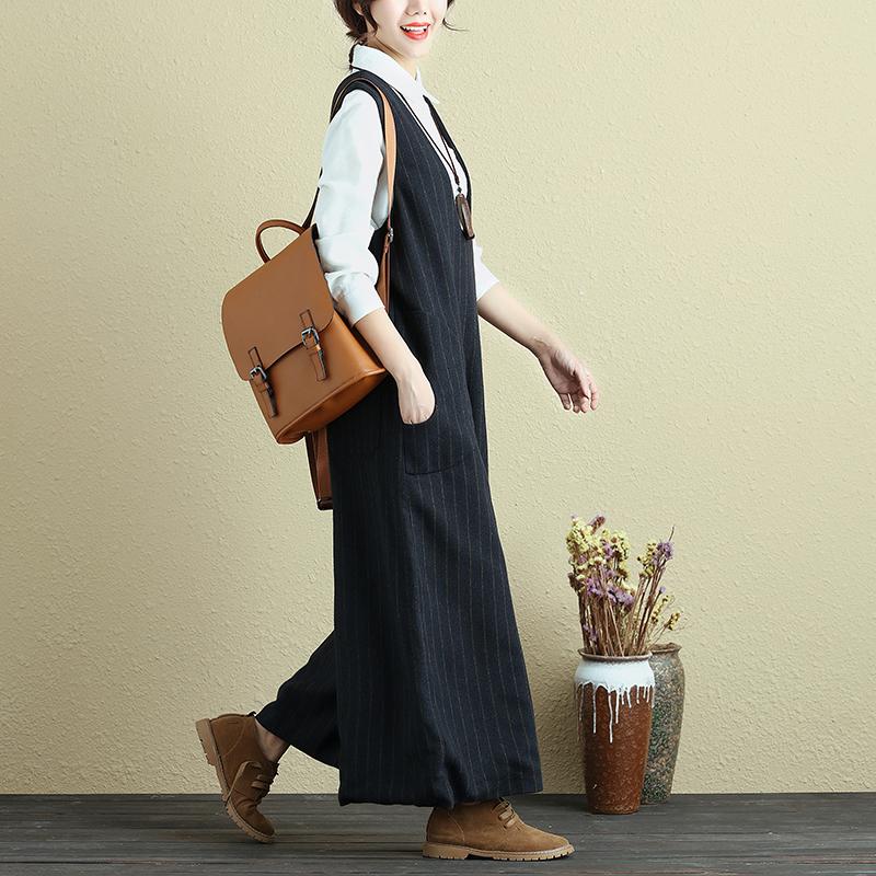 Fashionable Women Vertical Stripe With Pocket Blue Rompers Jumpsuit