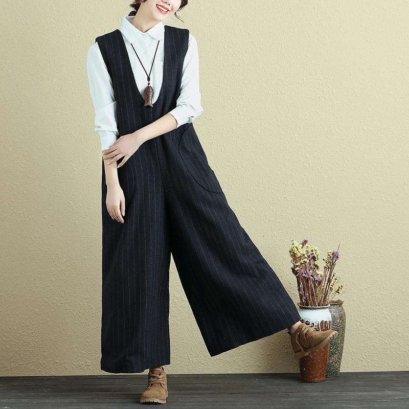 Fashionable Women Vertical Stripe With Pocket Blue Rompers Jumpsuit