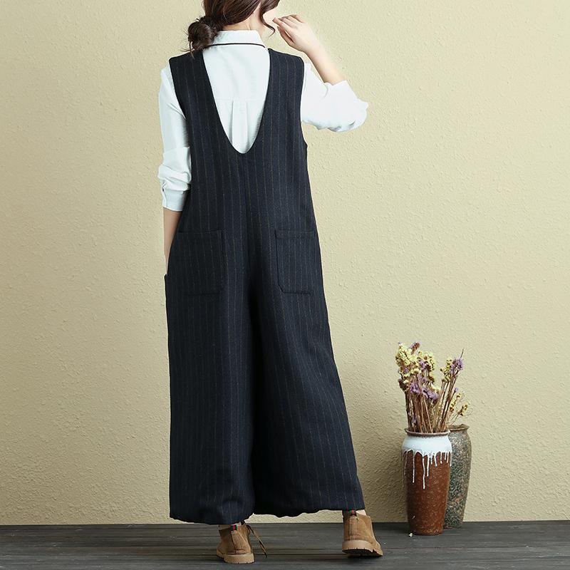 Fashionable Women Vertical Stripe With Pocket Blue Rompers Jumpsuit