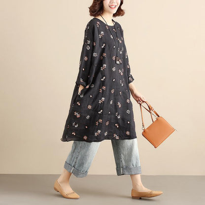 Cotton Floral Women Casual Loose  Round Collar Long Sleeves Black Dress
