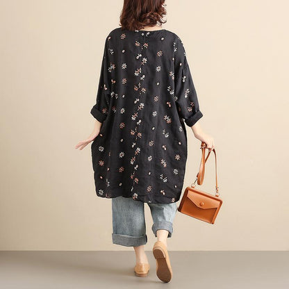 Cotton Floral Women Casual Loose  Round Collar Long Sleeves Black Dress