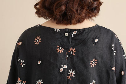Cotton Floral Women Casual Loose  Round Collar Long Sleeves Black Dress