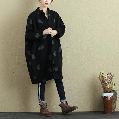 Autumn Women Loose Stand Collar Single Breasted Printing Coat