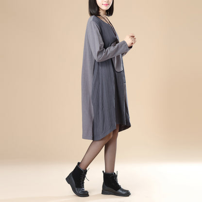 Women Lattice Stripe Splicing Long Sleeves Gray Dress