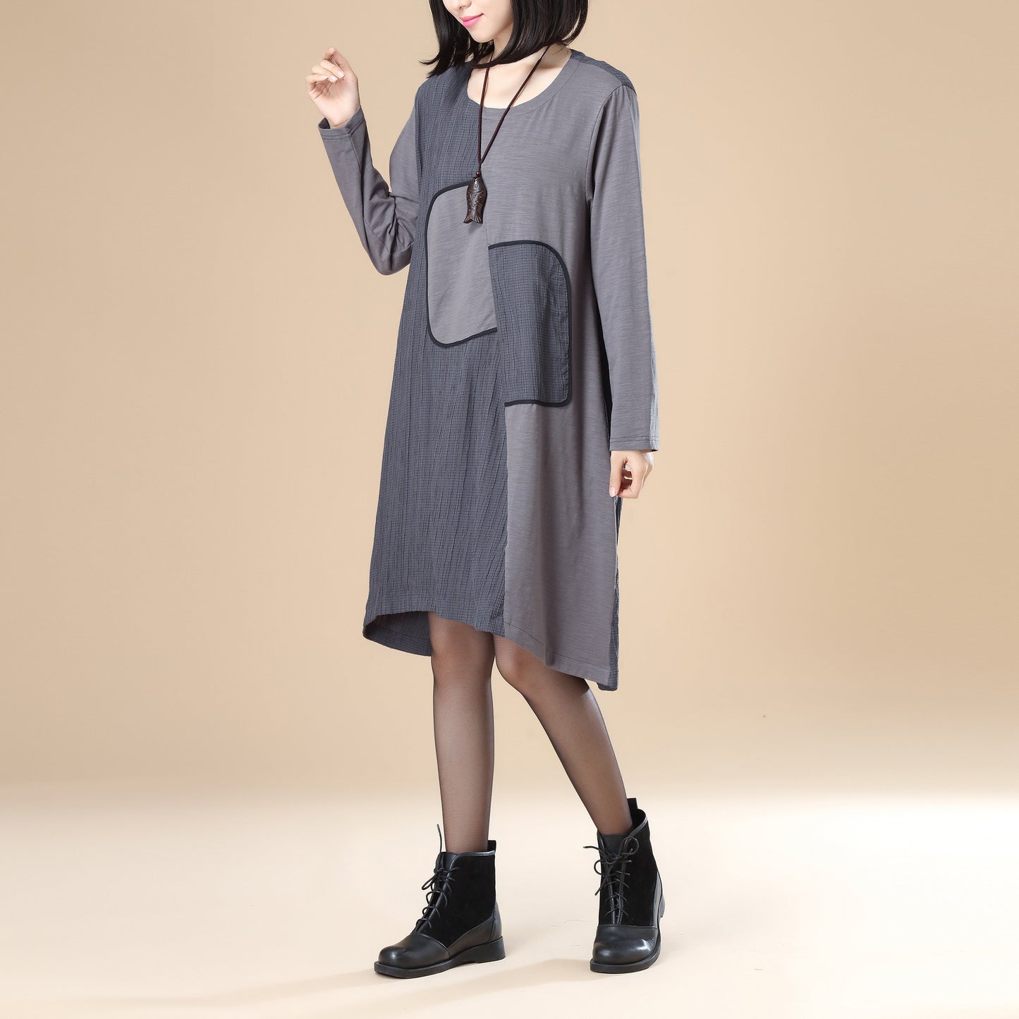 Women Lattice Stripe Splicing Long Sleeves Gray Dress