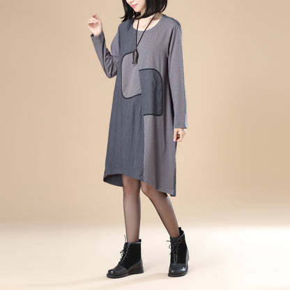 Women Lattice Stripe Splicing Long Sleeves Gray Dress