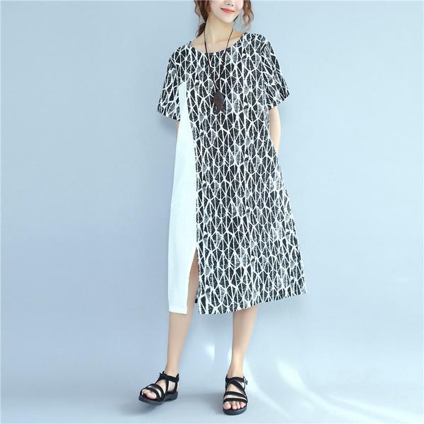 Linen Blue Round Neck Loose Commuter Dress