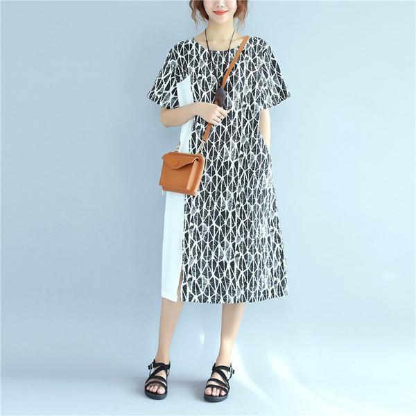 Linen Blue Round Neck Loose Commuter Dress