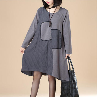 Women Lattice Stripe Splicing Long Sleeves Gray Dress