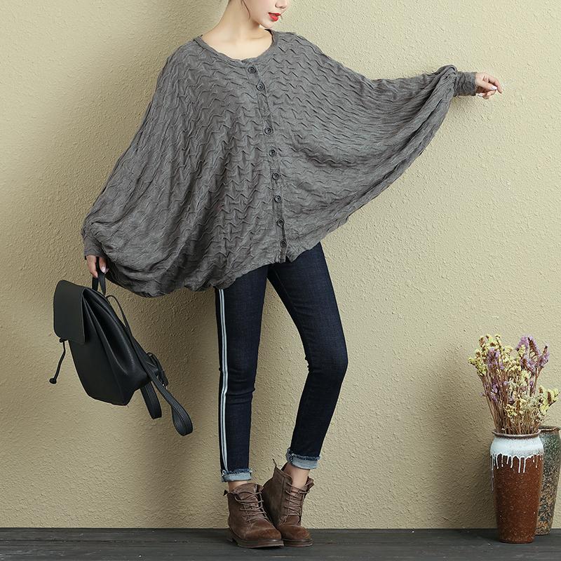 Autumn Women Single Breasted Bat Sleeve Gray Shirt