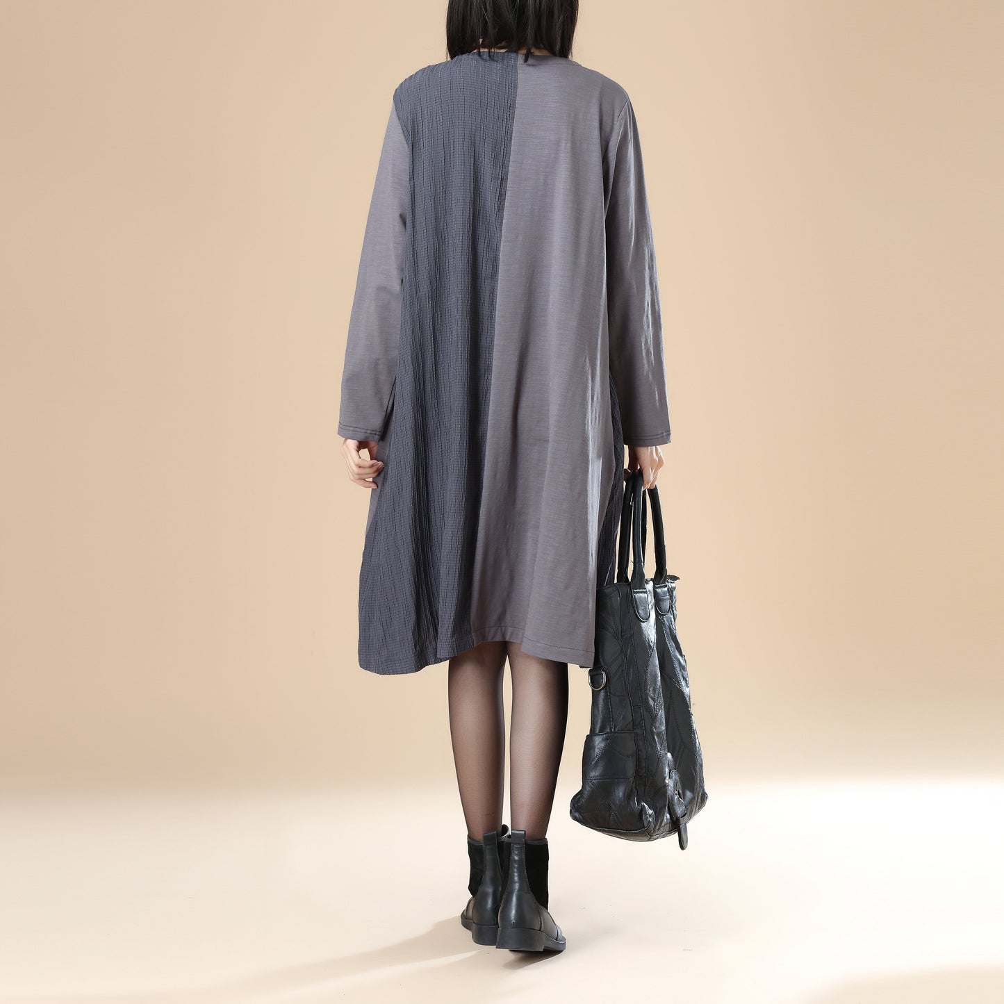 Women Lattice Stripe Splicing Long Sleeves Gray Dress