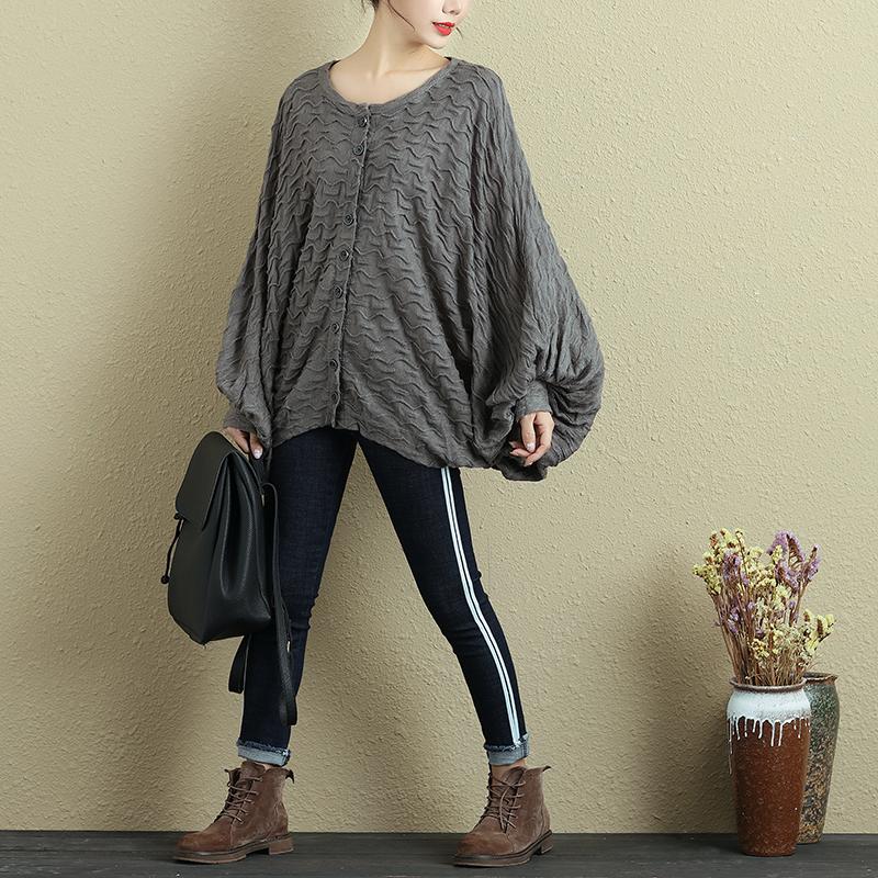Autumn Women Single Breasted Bat Sleeve Gray Shirt