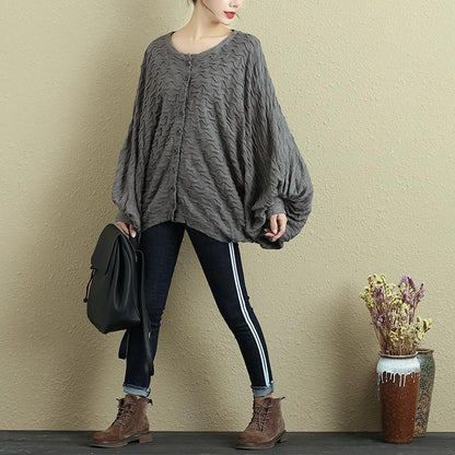 Autumn Women Single Breasted Bat Sleeve Gray Shirt