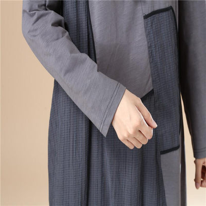 Women Lattice Stripe Splicing Long Sleeves Wine Red Dress