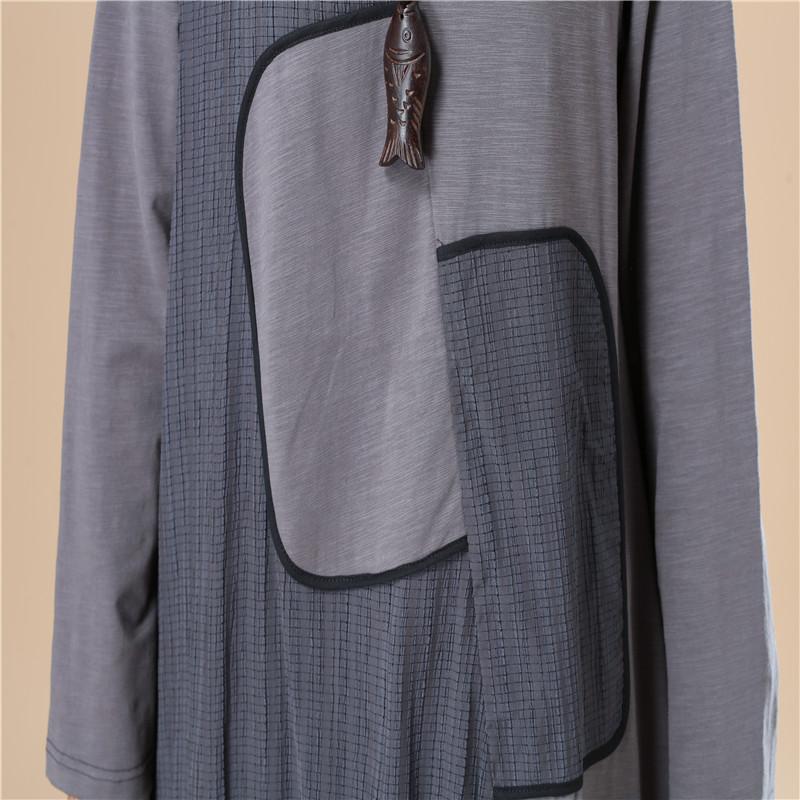 Women Lattice Stripe Splicing Long Sleeves Gray Dress