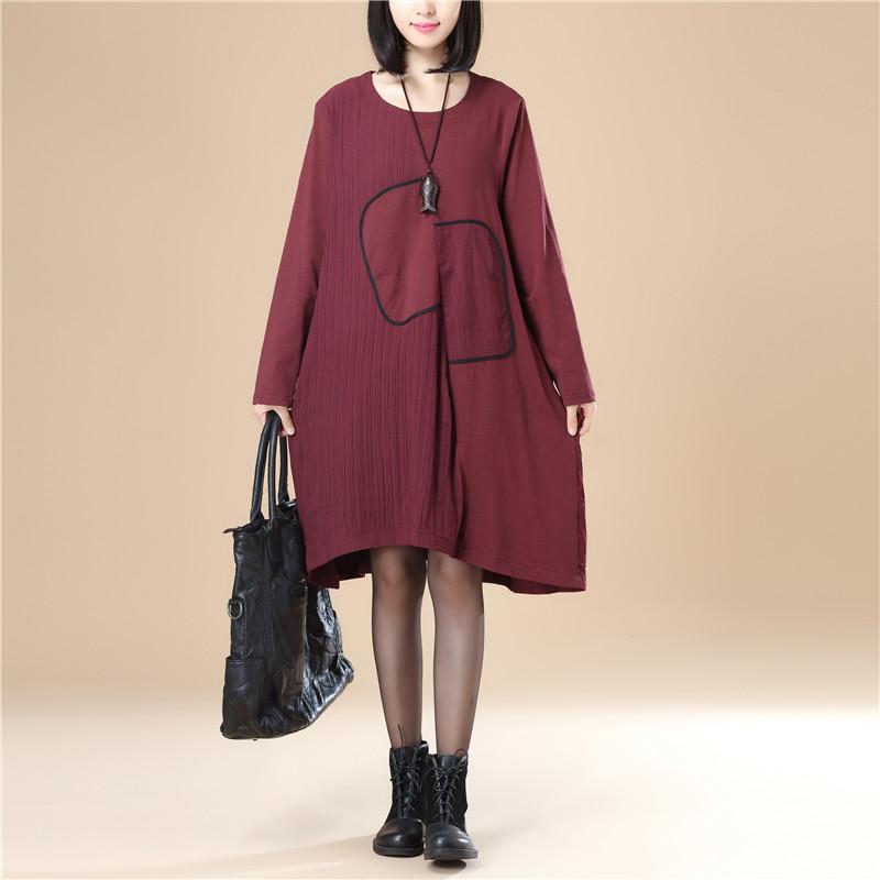 Women Lattice Stripe Splicing Long Sleeves Wine Red Dress