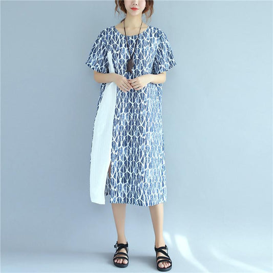 Women Splicing Causal Splitting Short Sleeve Blue Dress