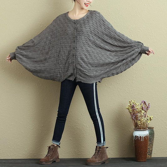 Autumn Women Single Breasted Bat Sleeve Gray Shirt