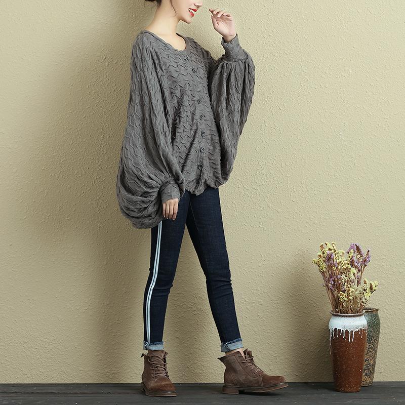 Autumn Women Single Breasted Bat Sleeve Gray Shirt
