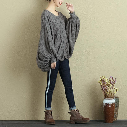 Autumn Women Single Breasted Bat Sleeve Gray Shirt