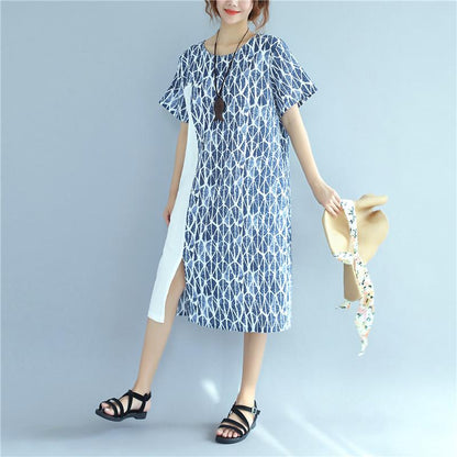 Women Splicing Causal Splitting Short Sleeve Blue Dress