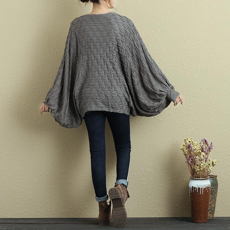 Autumn Women Single Breasted Bat Sleeve Gray Shirt