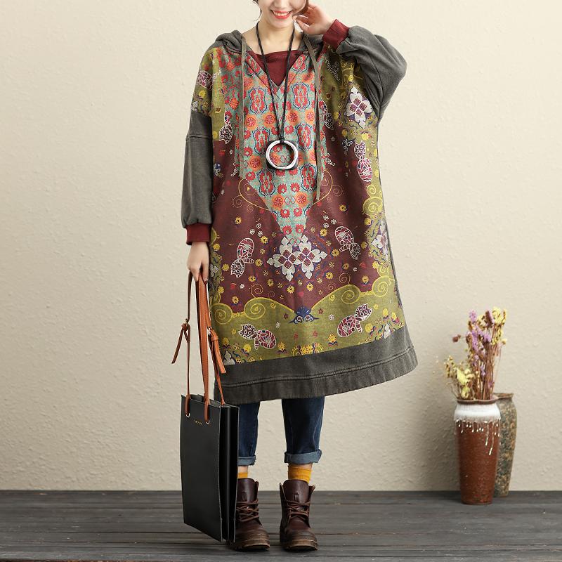 Winter Hooded Long Sleeve Printing Gray Thick Dresses For Women