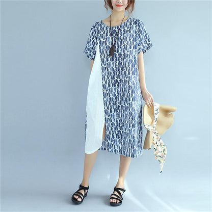 Women Splicing Causal Splitting Short Sleeve Blue Dress