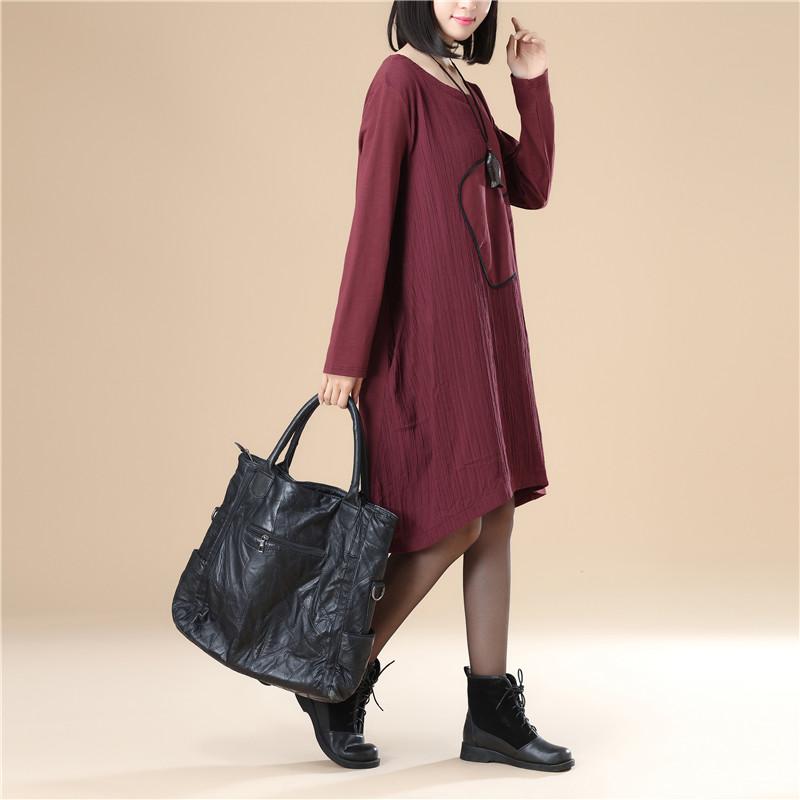 Women Lattice Stripe Splicing Long Sleeves Wine Red Dress