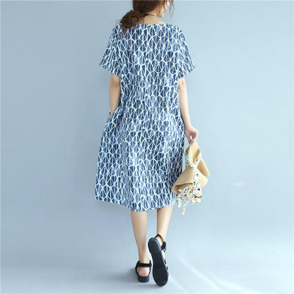 Women Splicing Causal Splitting Short Sleeve Blue Dress