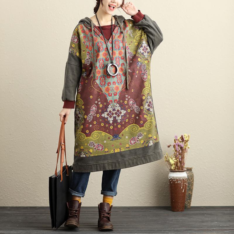 Winter Hooded Long Sleeve Printing Gray Thick Dresses For Women