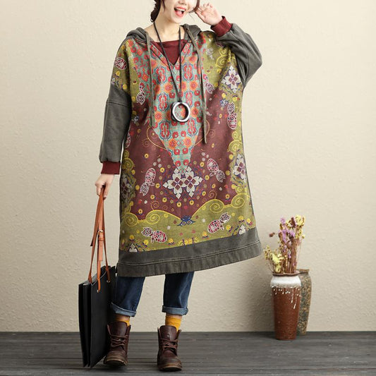 Winter Hooded Long Sleeve Printing Gray Thick Dresses For Women