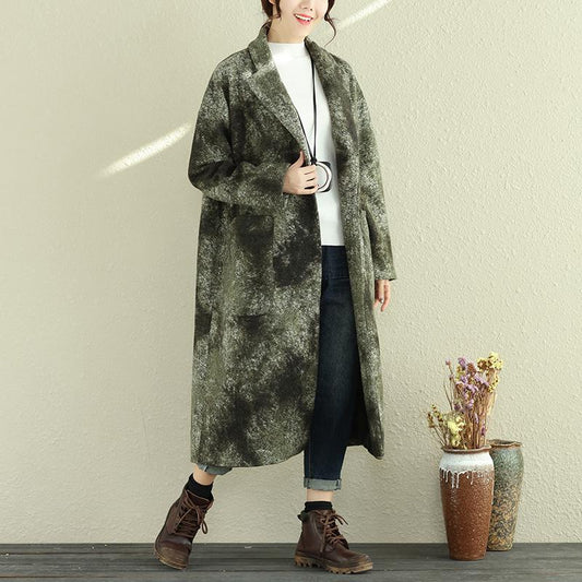 Women Green Autumn Winter Retro Lapel Long Sleeve Pockets Long Coat