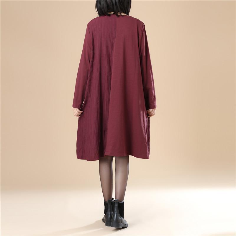 Women Lattice Stripe Splicing Long Sleeves Wine Red Dress