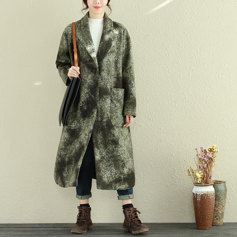 Women Green Autumn Winter Retro Lapel Long Sleeve Pockets Long Coat